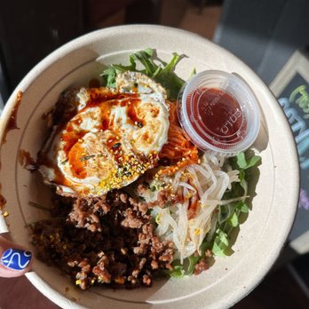 Cozy District Cafe - Bibimbap bowl with the added beef - New American Near Me - Fairfax, Virginia Cozy District Cafe - Bibimbap bowl with the added beef - New American Near Me - Fairfax, Virginia