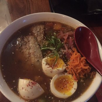 Anju Above - Pork belly ramen: beautiful presentation but disgusting tough fat for meat - Asian Fusion Near Me - Bloomington, Illinois