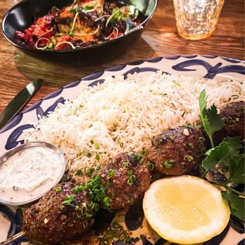 Aba - Slow-Braised Leg of lamb Wrapped in Eggplant (back), Lamb and Beef Kefta - Mediterranean Near Me - Chicago, Illinois