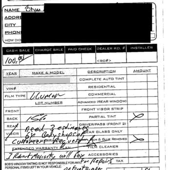 Bob's Window Tinting - Tint receipt promising to pay - Car Window Tinting Near Me