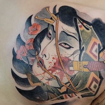 IFA2 Tattoo Studio - Amazing detailed Namakubi chest tattoo done by Frank. - Tattoo Near Me - Alhambra, California