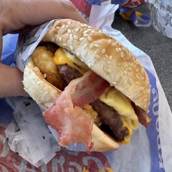 Carl's Jr - Breakfast burger with eggs, bacon and tots. Bacon just okay( pre-cooked?) and tots were warm and soft. - Fast Food Near Me - Gila Bend, Arizona Carl's Jr - Breakfast burger with eggs, bacon and tots. Bacon just okay( pre-cooked?) and tots were warm and soft. - Fast Food Near Me - Gila Bend, Arizona