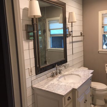 Custom Service Center - Bathroom with shiplap installed on one wall as an accent wall. - Handyman Near Me Custom Service Center - Bathroom with shiplap installed on one wall as an accent wall. - Handyman Near Me
