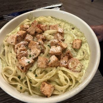 Woods Fort Restaurant - Chicken with pesto pasta Alfredo - New American Near Me - Troy, Missouri Woods Fort Restaurant - Chicken with pesto pasta Alfredo - New American Near Me - Troy, Missouri