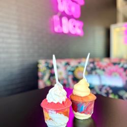 CJ's Italian Ice & Custard - Mango chamoy & strawberry gelati with vanilla custard(front), mango chamoy & captain america with pineapple dole whip(back)