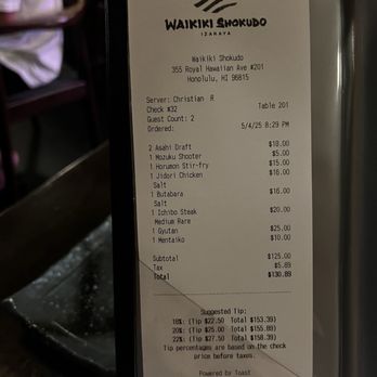 Waikiki Shokudo - Our total bill for party of 2. - Izakaya Near Me - Honolulu, Hawaii