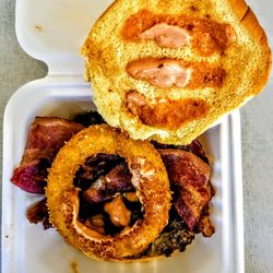 m2o Burgers & Salads - M2O Burger plus fried onions and mushrooms.