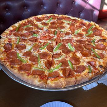 Home Slice Pizza - Large Red pizza with pepperoni and green peppers. - Pizza Near Me - Houston, Texas