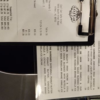 Cool Cat Cafe - Watch the price on the menu vs what you get charged. The math doesn't add up 17+1736. - Burgers Near Me - Kihei, Hawaii Cool Cat Cafe - Watch the price on the menu vs what you get charged. The math doesn't add up 17+1736. - Burgers Near Me - Kihei, Hawaii