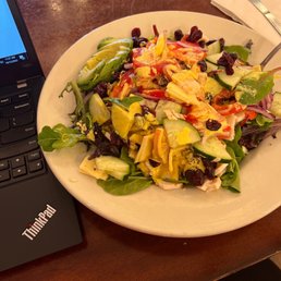 Bollywood Salad - A mixed vegetable salad with cucumbers, tomatoes, leafy greens, cheese, and dried cranberries served on a white plate, next to a laptop.