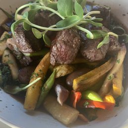 Venison tenderloin with roasted summer vegetables, ancient Utah Fremont beans, cheddar jus Venison tenderloin with roasted summer vegetables, ancient Utah Fremont beans, cheddar jus