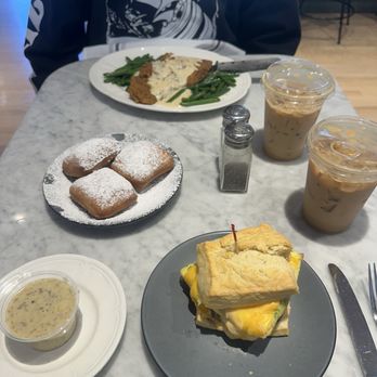 Roux Diner - Biscuit sandwich, a side of sausage gravy, Chicken fried steak with whipped potatoes and green beans. Beignets and Iced Chai Lattes. - Breakfast & Brunch Near Me - Chicago, Illinois