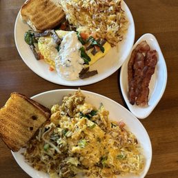 Mediterranean omelet, side of bacon, hippie stew
