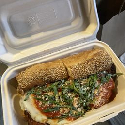 Chicken Parm Sando | fried chicken milanese, sweet sauce, mozzarella & basil on an italian seeded roll Chicken Parm Sando | fried chicken milanese, sweet sauce, mozzarella & basil on an italian seeded roll