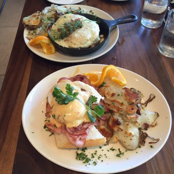 Plums Cafe - Santa Fe eggs benedict (front) + shirred eggs (back) - Breakfast & Brunch Near Me - Costa Mesa, California