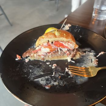 Fancy Burger - Fancy burger with 6 ounces of lemon butter poached king crab with single patty - Burgers Near Me - Orem, Utah