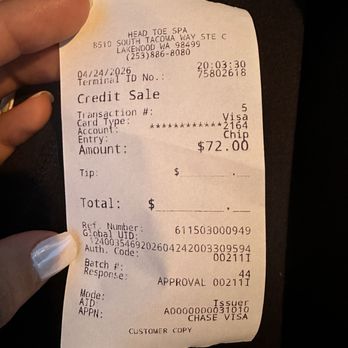 Head to toe spa - Receipt - Massage Near Me - Lakewood, Washington