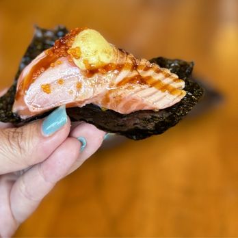 Party Pig - Nigiri: Torched Sake w/ mayo | AYCE HH - $19.95 pp - Hot Pot Near Me - San Francisco, California Party Pig - Nigiri: Torched Sake w/ mayo | AYCE HH - $19.95 pp - Hot Pot Near Me - San Francisco, California
