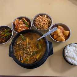 Korean Mart - Yukgaejang. The best Korean spicy beef soup love it, literally my favorite dish here. I love all the sides it comes with!