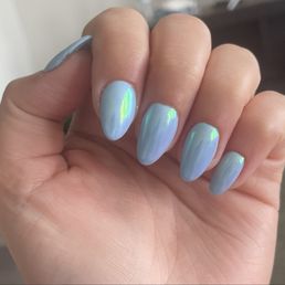 Short almond acrylic with unicorn chrome Short almond acrylic with unicorn chrome