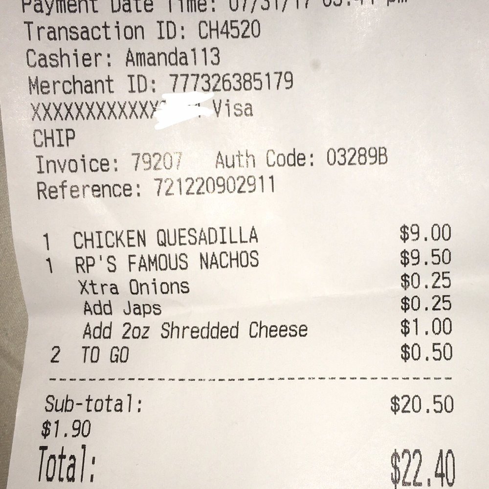 R P Tracks - Geez. 25c for imaginary onions, for "Add jalapeño" on Nachos, add, Really?! $1 for the only bit of cheese, kid you not. Lol. - American Near Me - Memphis, Tennessee R P Tracks - Geez. 25c for imaginary onions, for "Add jalapeño" on Nachos, add, Really?! $1 for the only bit of cheese, kid you not. Lol. - American Near Me - Memphis, Tennessee