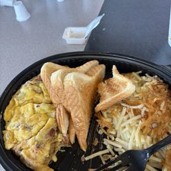 Waffle House - Ham, bacon and cheese omelette, hash browns with onions and white toast