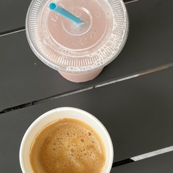 Island Provisions - Cortadito with oat milk and strawberry smoothie - Breakfast & Brunch Near Me - Johns Island, South Carolina Island Provisions - Cortadito with oat milk and strawberry smoothie - Breakfast & Brunch Near Me - Johns Island, South Carolina