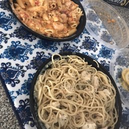 Top: penne a la carlo Bottom: chicken francese Top: penne a la carlo Bottom: chicken francese