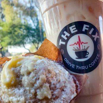 The Fix Drive Thru Coffee - Banana muffin filled with Bavarian cream and a white chocolate pumpkin chai - Coffee & Tea Near Me - Tempe, Arizona The Fix Drive Thru Coffee - Banana muffin filled with Bavarian cream and a white chocolate pumpkin chai - Coffee & Tea Near Me - Tempe, Arizona