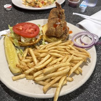 Thumbs Up Diner - Fried chicken sando. Garden scramble with house made biscuit at top. Freezer jam. - American Near Me - East Point, Georgia