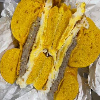 Wally's Bagels - Sausage egg and cheese on an egg bagel - Bagels Near Me - North Babylon, New York