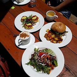 Johnny Mack's Vegan Family Diner - Lentil Burger, Roast Vegetable Salad, Tikkas and a Cappucino