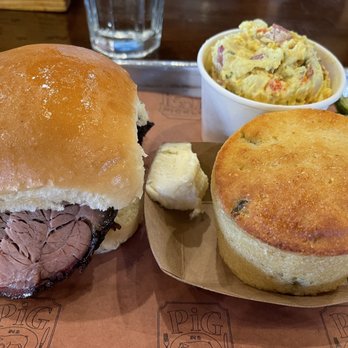 Pig In a Pickle - Beef Brisket Sandwich, Potato salad, Cornbread - Barbeque Near Me - Corte Madera, California Pig In a Pickle - Beef Brisket Sandwich, Potato salad, Cornbread - Barbeque Near Me - Corte Madera, California