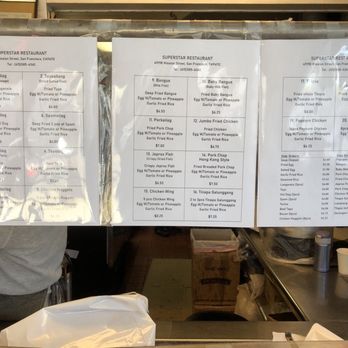 Superstar Restaurant - Menu inside and over the counter. Check the menu ON the counter before cashier to see what's sold out for the day - Filipino Near Me - San Francisco, California Superstar Restaurant - Menu inside and over the counter. Check the menu ON the counter before cashier to see what's sold out for the day - Filipino Near Me - San Francisco, California