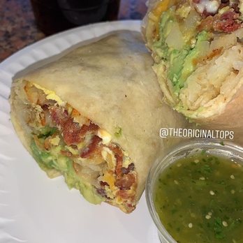 The Original Tops - Bacon Breakfast Burrito w/ two eggs instead of three + Avocado - Burgers Near Me - Pasadena, California The Original Tops - Bacon Breakfast Burrito w/ two eggs instead of three + Avocado - Burgers Near Me - Pasadena, California