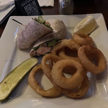 Mercury Bar West - Grilled Atlantic Salmon Wrap with onion rings - Sports Bars Near Me - New York, New York Mercury Bar West - Grilled Atlantic Salmon Wrap with onion rings - Sports Bars Near Me - New York, New York