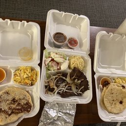 (Carry out)  Left box: vegan bean-and-zucchini pupusa. Middle box: carne asada Right box: cheese pupusas.