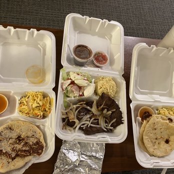 La Fogata - (Carry out)  Left box: vegan bean-and-zucchini pupusa. Middle box: carne asada Right box: cheese pupusas. - Salvadoran Near Me - Carbondale, Colorado