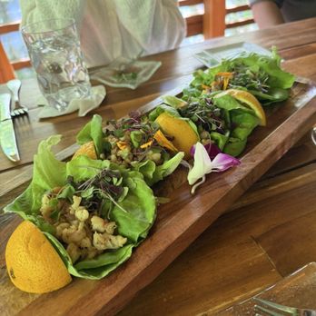 Tree Tops Restaurant - Shrimp ceviche on a bed of organic bib lettuce with arugula micro greens on top - New American Near Me - Acme, Pennsylvania