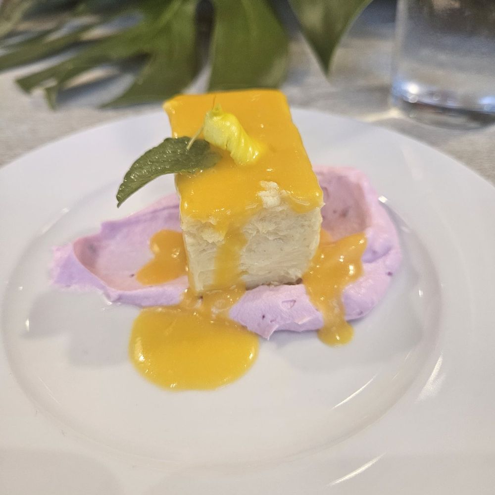 White Ginger Catering - Macadamia crusted cheesecake with mango sauce and dragonfruit whipped cream. - Personal Chefs Near Me