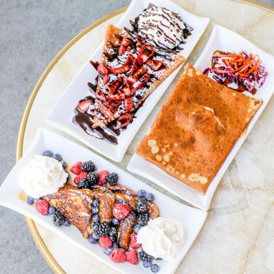 Photo of Bistro Maxine - Palo Alto, CA, US. Brioche French toast, May special crepe, Poulet À La Crème crepe IG: michellelieats