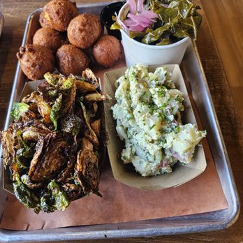 SMKD BBQ - Green's Hush Puppies, Potato Salad, Brussels Sprouts - American Near Me - Henderson, Nevada SMKD BBQ - Green's Hush Puppies, Potato Salad, Brussels Sprouts - American Near Me - Henderson, Nevada