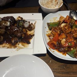 Beef Merlot Stir Fried Cube of Beef Tenderloin and kung pao shrimp. Beef Merlot Stir Fried Cube of Beef Tenderloin and kung pao shrimp.