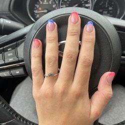 Olive Nails - Blue and neon pink french tip