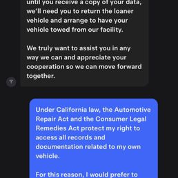 Text message from Abraham where he threatened to have my car towed for simply asking for my diagnostic history.
