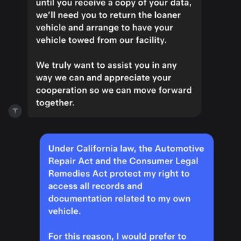 Tesla Service Center - Text message from Abraham where he threatened to have my car towed for simply asking for my diagnostic history. - Auto Repair Near Me - Irvine, California