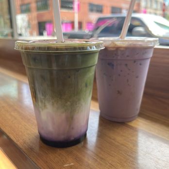 Estereo - L: Manila-tary latte ( ube, matcha latte) R: Meryenda (ube, coconut milk, espresso) - Beer, Wine & Spirits Near Me - Chicago, Illinois