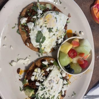 Waffle Bite - Avocado tostada with chorizo, queso fresco, eggs and a side of fresh fruit! Delicious! - Breakfast & Brunch Near Me - Redding, California