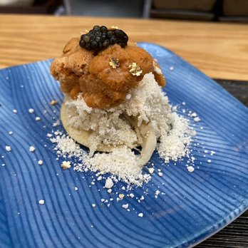 Sushi Lab Rooftop - Uni carbmeat cavier on top of pancake and gold flakes - Japanese Near Me - New York, New York Sushi Lab Rooftop - Uni carbmeat cavier on top of pancake and gold flakes - Japanese Near Me - New York, New York