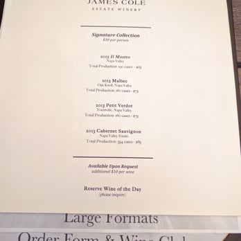 James Cole Winery - Tasting menu - Wineries Near Me - Napa, California